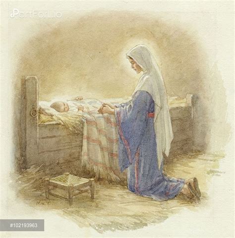Margaret Tarrant Mary Kneeling By Jesus In The Manger Illustration