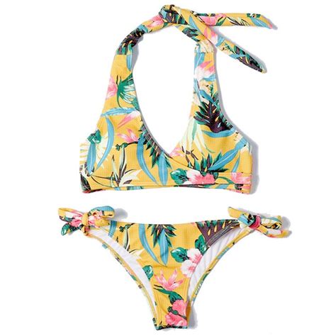 Sexy gelbe Blume verlässt Frauen Sling Bikinis Badeanzug Bikinis