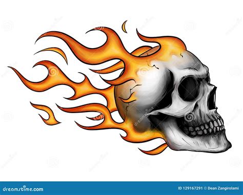 Skull On Fire With Flames Illustration In White Background Stock