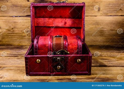 Vintage Chests From Red Wood On Wooden Background Stock Photo Image