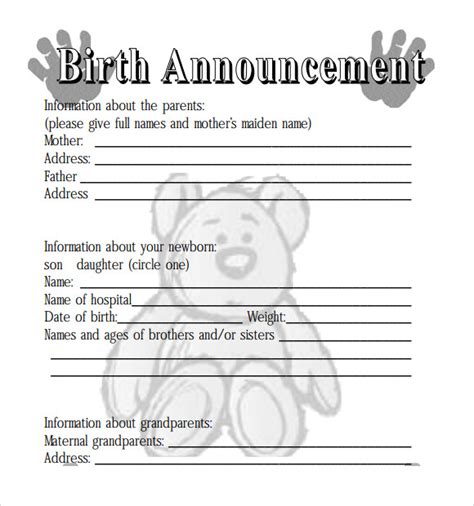Printable Blank Birth Announcement Template Printable Templates