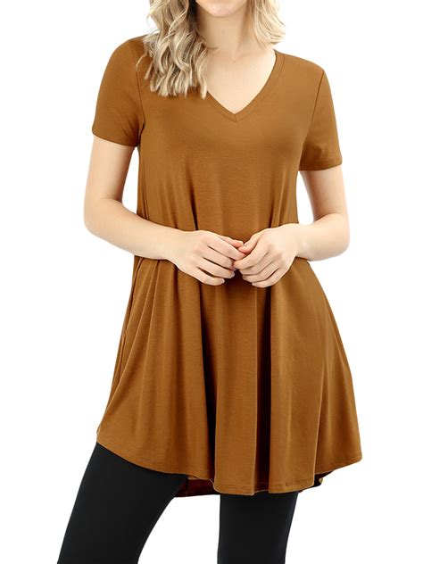 Women V Neck Short Sleeve Round Hem Flowy A Line Tunic Top With Side