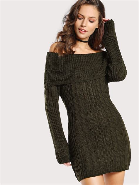 Off Shoulder Knit Sweater Dress Olive Shein Sheinside Green Sweater Dress Outfit Knit Sweater