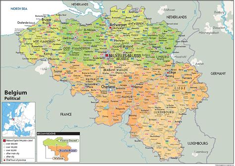 Strassenkarte von belgien mit den wichtigsten ortschaften. Papier laminiert A2 Size 42 x 59.4 cm Belgien Politische ...
