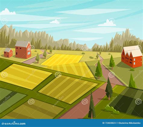 Farm Fresh Rural Landscape With Farmhouse Fields And Trees Stock