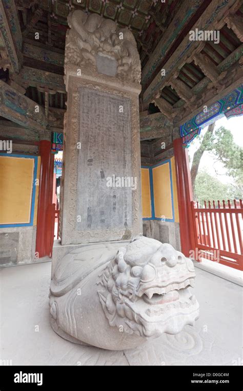Detail Of Dragon Holding Stone Tablet At The Temple Of Confucius Stock