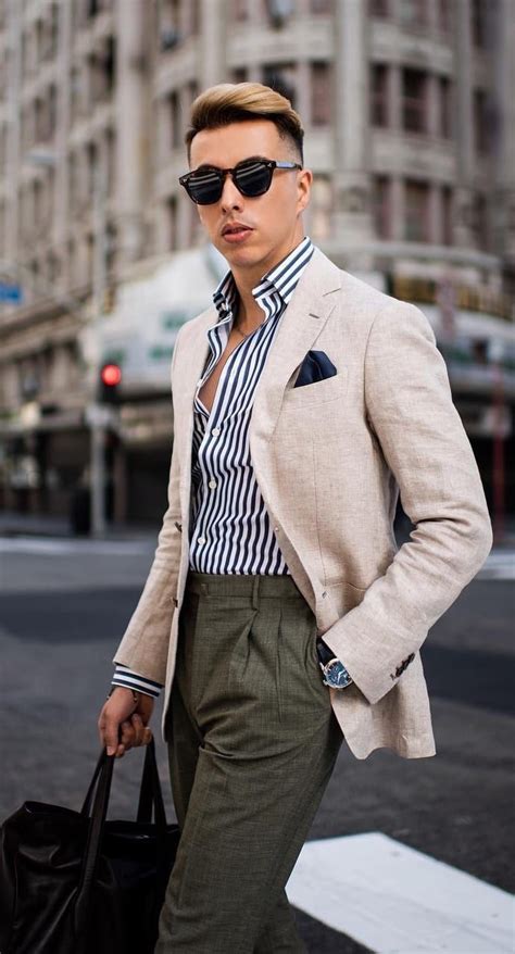 Striped Shirt Blazer And Trousers Outfit For Men Best Smart Casual