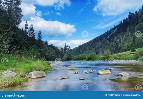 River In Mountains With Rocks Green Grass On Riverside Mountain