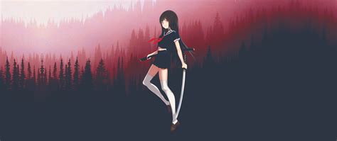 Wallpaper Anime Girls Red Katana Forest Ultrawide Skirt