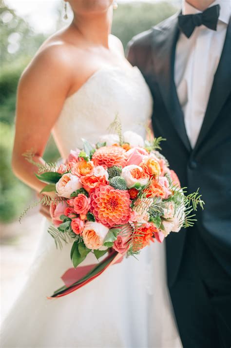 Coral And Pink Bouquet With Dahlias Peonies And Roses