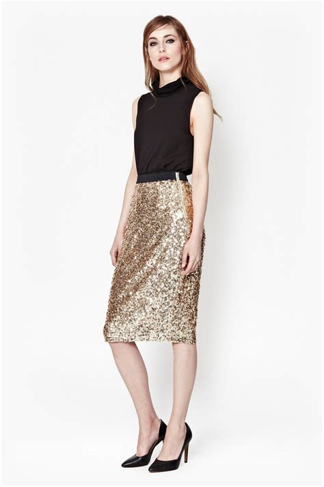 French Connection Lunar Sparkle Sequin Pencil Skirt In Gold Pale Gold