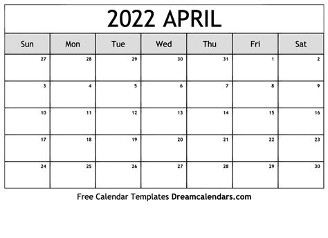 Printable Calendar April 2022 Monthly Templates April 2022 Calendar