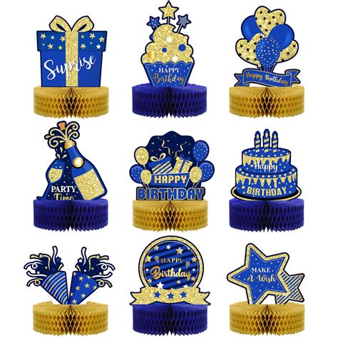 Buy 9 Pieces Blue And Gold Birthday Honeycomb Centerpieces Glitter
