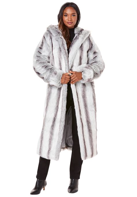 Roamans Plus Size Full Length Faux Fur Coat With Hood