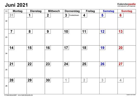 Kalender Juni 2021 Als Excel Vorlagen Riset