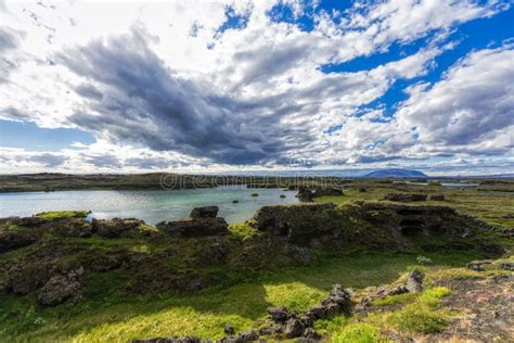 Panorama Of Myvatn Lake With Blue Sky And Clouds On Iceland Stock Photo