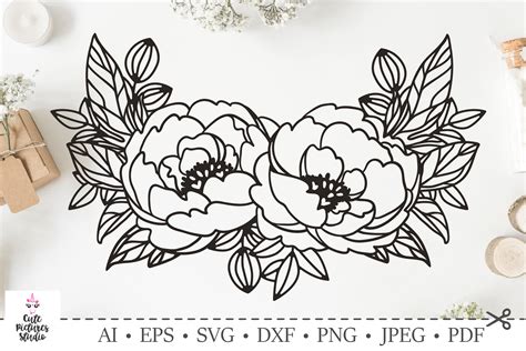 Graceful frame with peony flowers. SVG DXF cut file.
