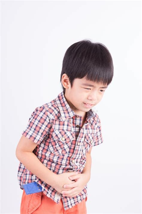 Unhappy Little Boy Showing Stomach Pain Stock Photo Image Of Fever