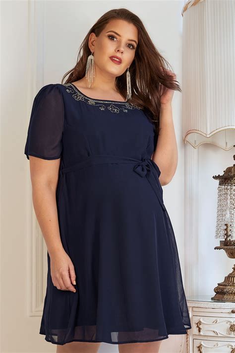 Bump It Up Maternity Navy Chiffon Skater Dress With Embellished Neckline Plus Size 16 To 32