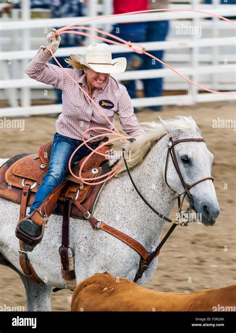 Rodeo Cowgirl And Cowboy On Horseback Competing In Team Calf Roping Or