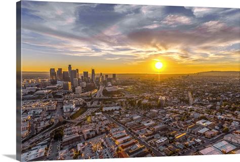 Aerial View Of The Los Angeles City Skyline At Dusk Wall Art Canvas