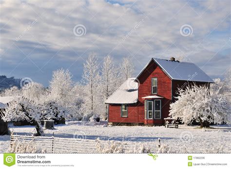 Red Farmhouse With Fresh Winter Snow And Frost Stock Photo Image Of