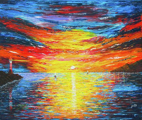 Lighthouse Sunset Ocean View Palette Knife Original Painting Painting By Georgeta Blanaru