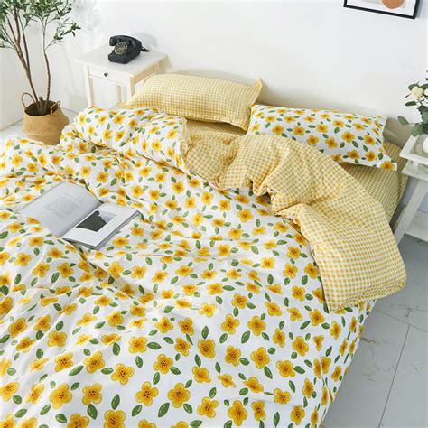 Fresh Yellow Floral Plaid Duvet Cover Twin Queen King Single Etsy
