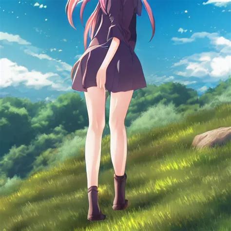 Anime Full Body Girl Standing In The Top Of Hill Stable Diffusion