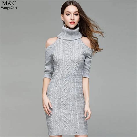 Bodycon Turtleneck Cold Shoulder Sleeve Women Knit Cable Pullover