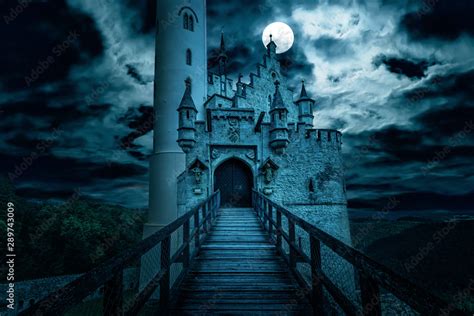 Scary Gothic Castle On Halloween Old Spooky House At Night With Moon