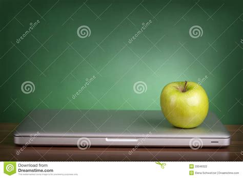 Laptop And Green Apple Stock Photo Image Of Silver Laptop 33046322