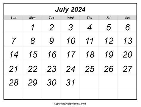 Free July 2024 Calendar Printable With Holidays And Notes