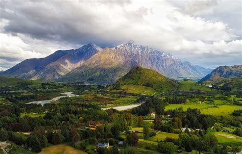 Wallpaper Clouds Trees Mountains River Field Valley New Zealand