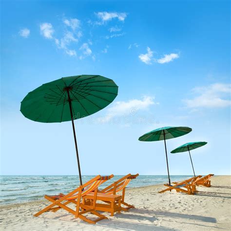 Beach Chairs And Umbrella On Beach Stock Image Image Of Dawdle