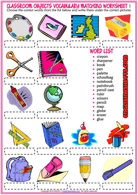 Classroom Objects Esl Matching Exercise Worksheets Vocabulary Games For