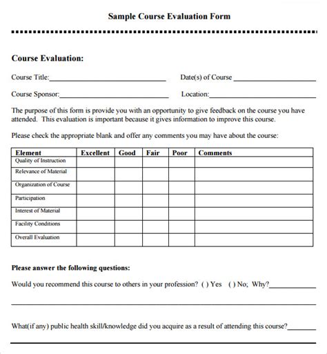 Printable Course Evaluation Form Template Printable Templates Free