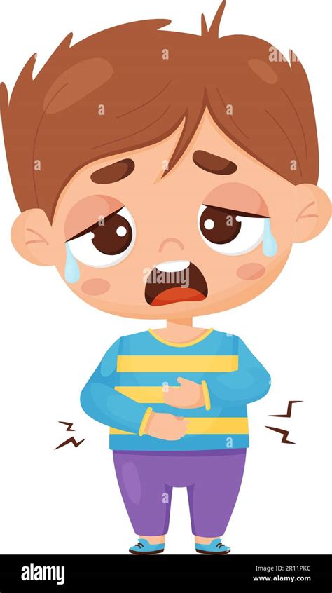 Suffering Sick Boy Child Is Crying And Holding His Stomach Pain In