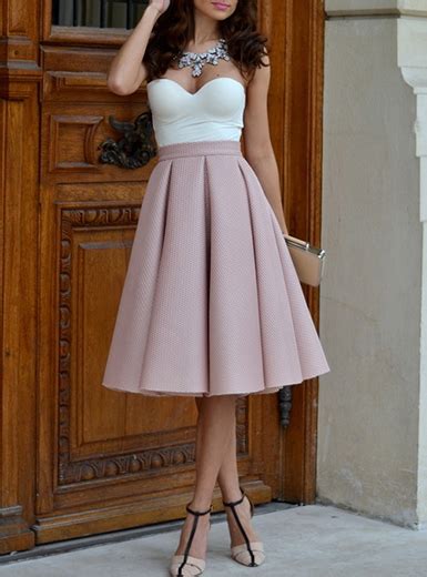 Pink Pleated Skirt Midi Length High Waisted