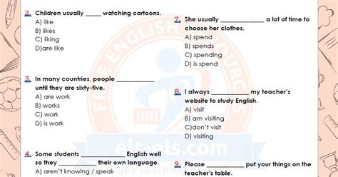 Present Simple Tense Multiple Choice Test Elt Els Com