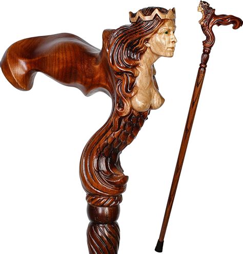 Wooden Walking Stick Cane Siren Ship Lady Ergonomic Palm Grip Handle Wood Carved