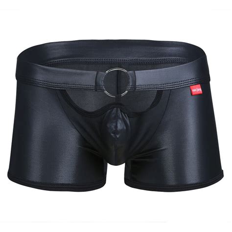 Men Lingerie Patent Leather Boxer Shorts Underwear Underpants With O