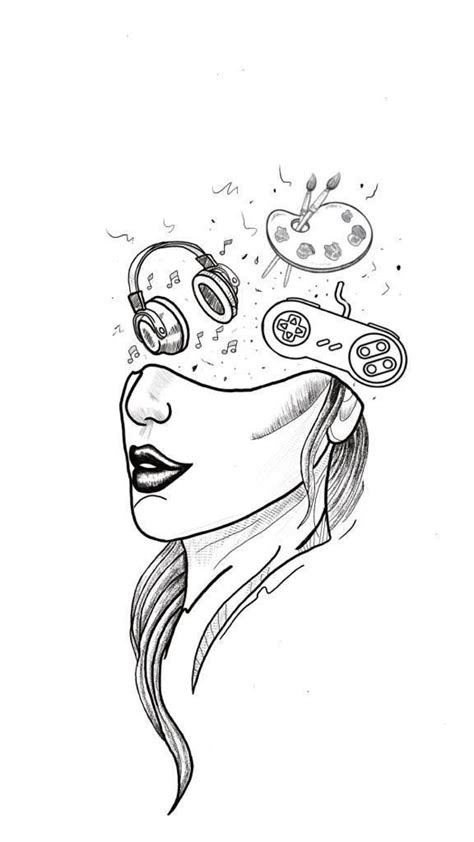 A Drawing Of A Woman S Face With Various Objects Coming Out Of Her Head