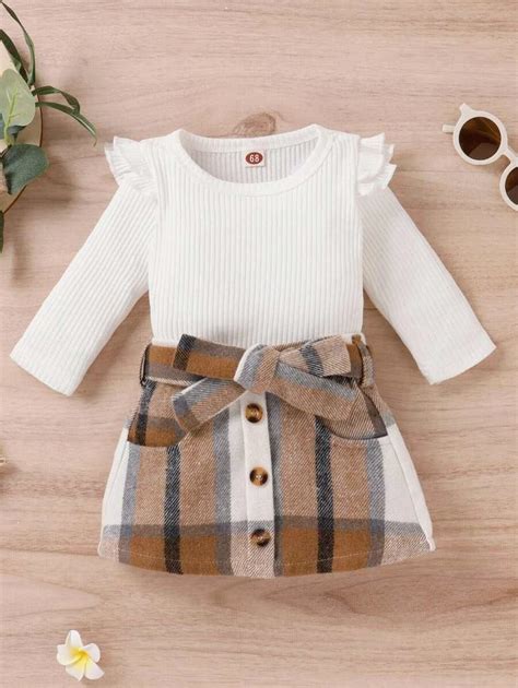Baby Ruffle Trim Tee And Plaid Fake Button Belted Skirt Newborn Etsy