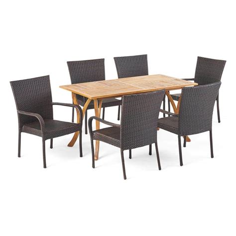 Noble House Guillermo 7 Piece Wood And Faux Rattan Outdoor Dining Set