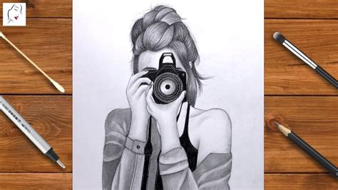 Girl Holding Camera Drawing Pencil Sketch Drawing Girl Drawing