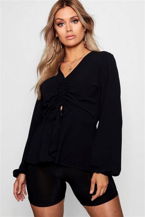 Plus Woven Ruched Front Peplum Smock Top Boohoo