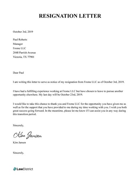 Resignation Letter Template With Examples Lawdistrict