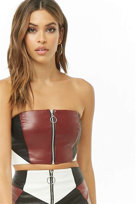 Faux Leather Colorblock Tube Top Strapless Tops Tops