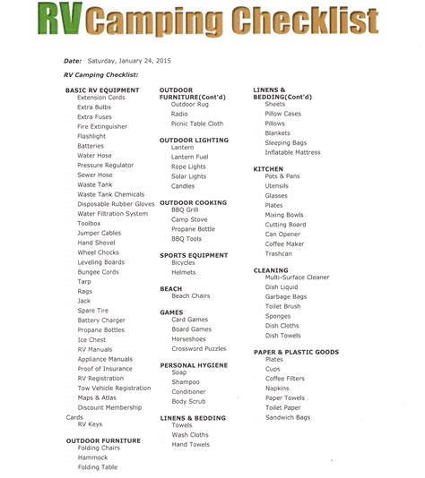Printable Rv Checklists Rv Camping Checklist Camping Checklist Rv
